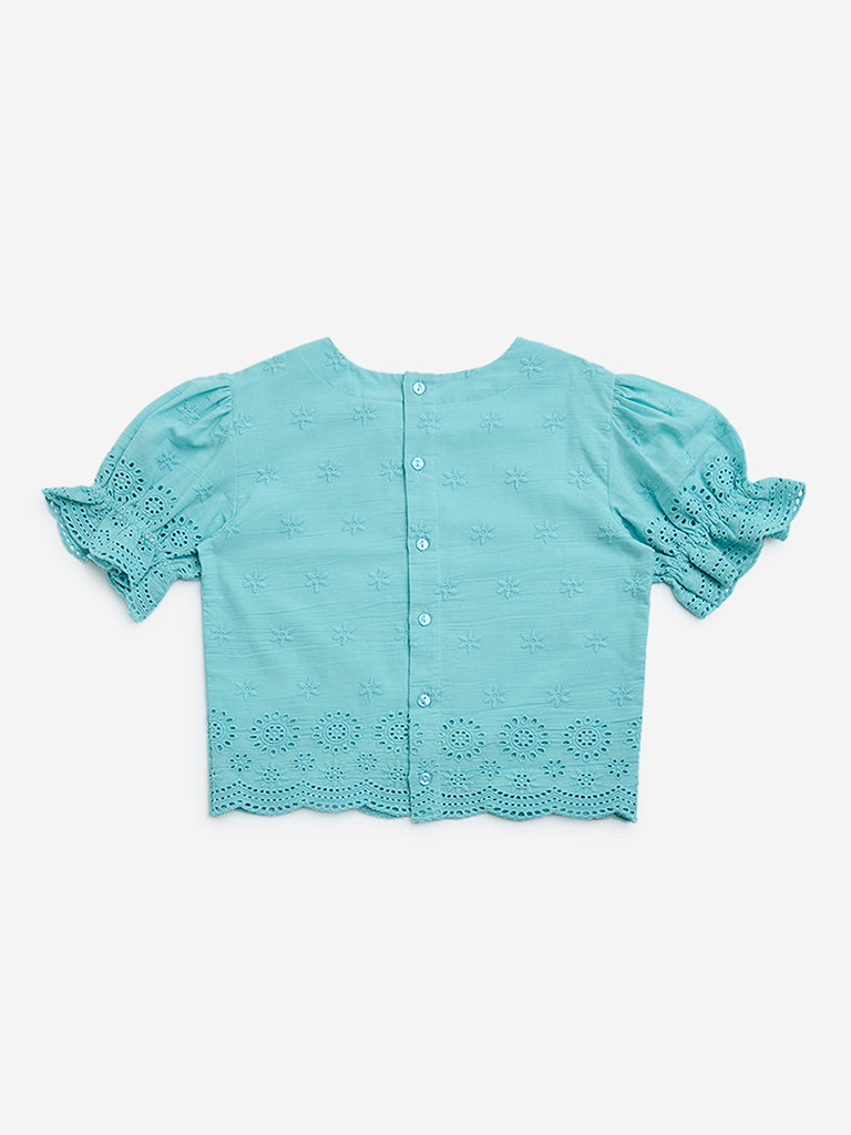Utsa Kids Aqua Schiffli Design Cotton-Blend Ethnic Top - (8-14yrs)