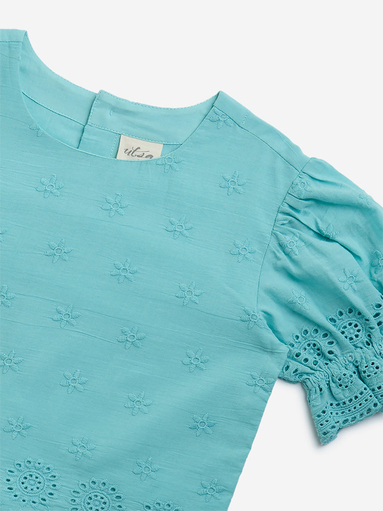 Utsa Kids Aqua Schiffli Design Cotton-Blend Ethnic Top - (8-14yrs)
