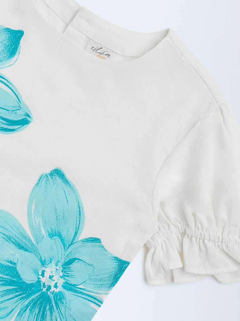Utsa Kids Aqua Floral Detailed Cotton-Blend Ethnic Top - (8-14yrs)