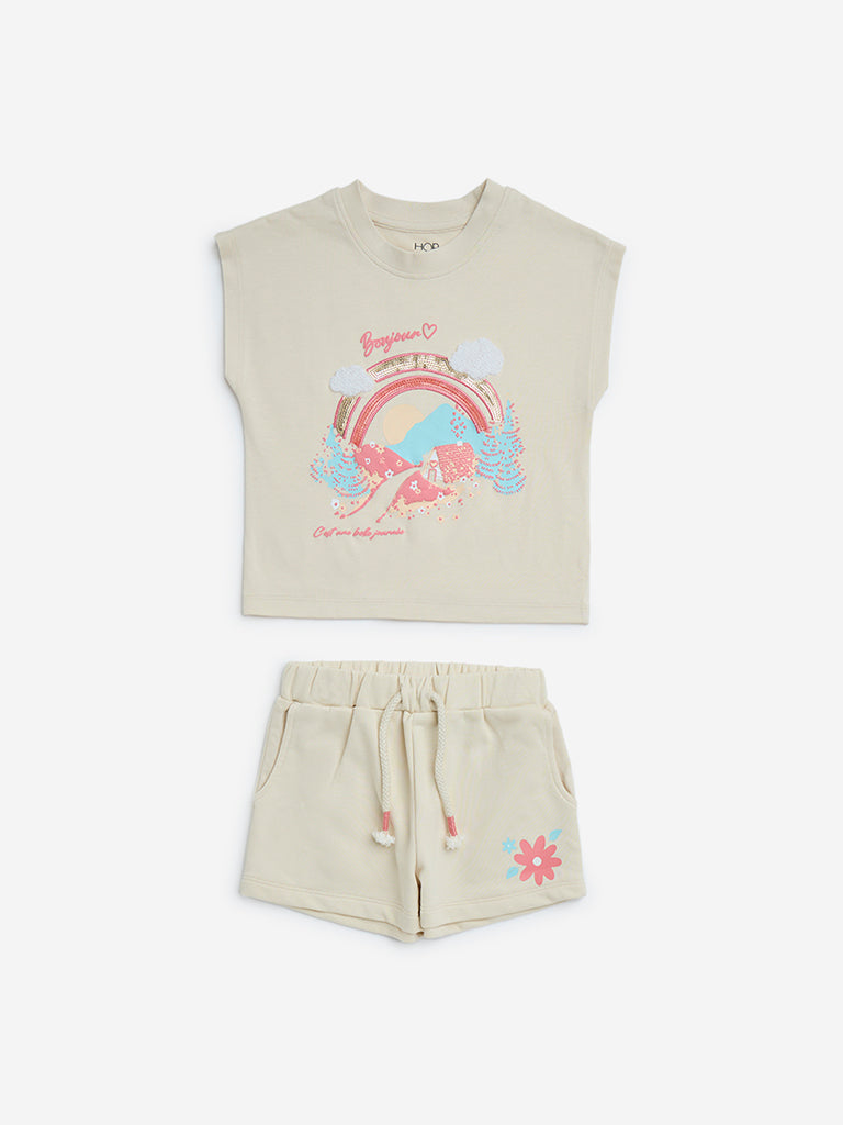 HOP Kids Beige Embellished Cotton T-Shirt with Shorts Set