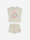 HOP Kids Beige Embellished Cotton T-Shirt with Shorts Set