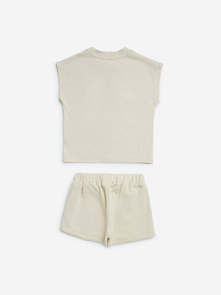 HOP Kids Beige Embellished Cotton T-Shirt with Shorts Set