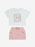 HOP Kids White Printed Cotton T-Shirt and Skirt Set
