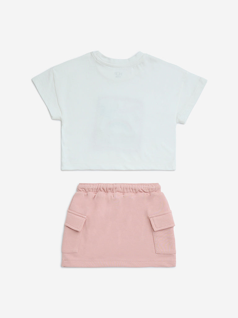 HOP Kids White Printed Cotton T-Shirt and Skirt Set