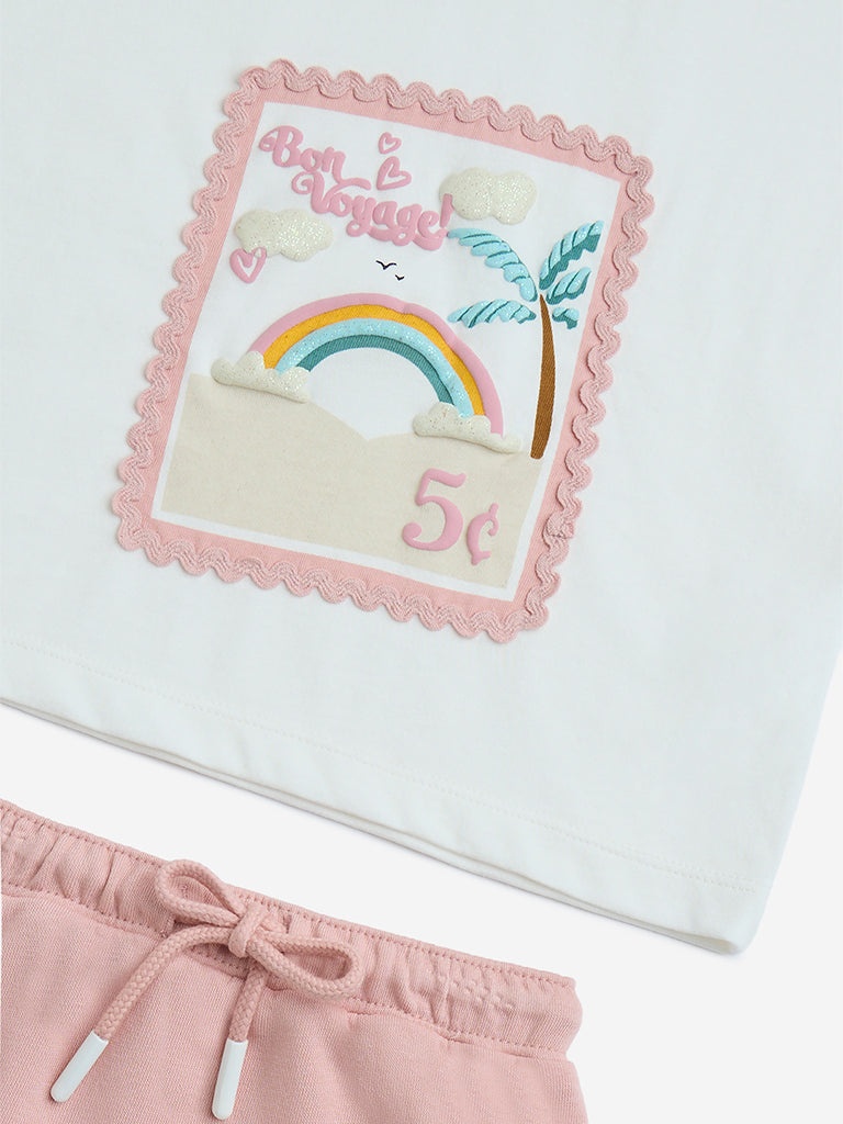 HOP Kids White Printed Cotton T-Shirt and Skirt Set