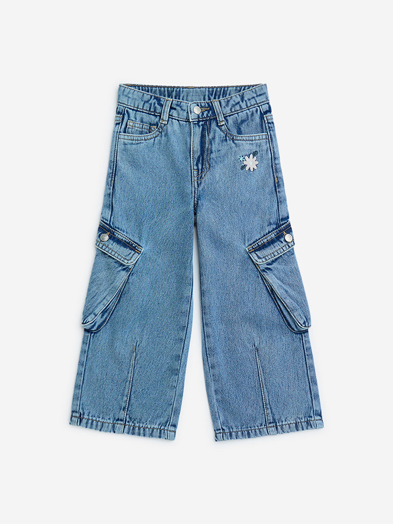 HOP Kids Blue Cargo-Style Straight Fit Mid-Rise Jeans