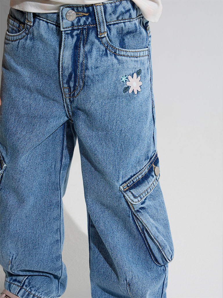 HOP Kids Blue Cargo-Style Straight Fit Mid-Rise Jeans