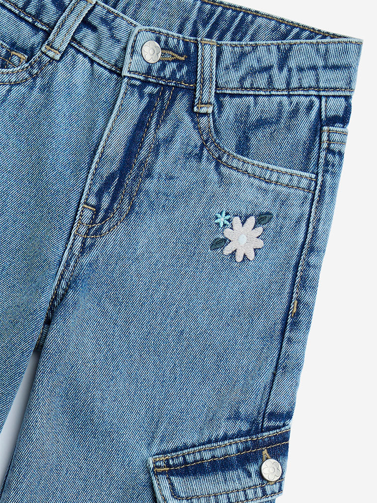 HOP Kids Blue Cargo-Style Straight Fit Mid-Rise Jeans