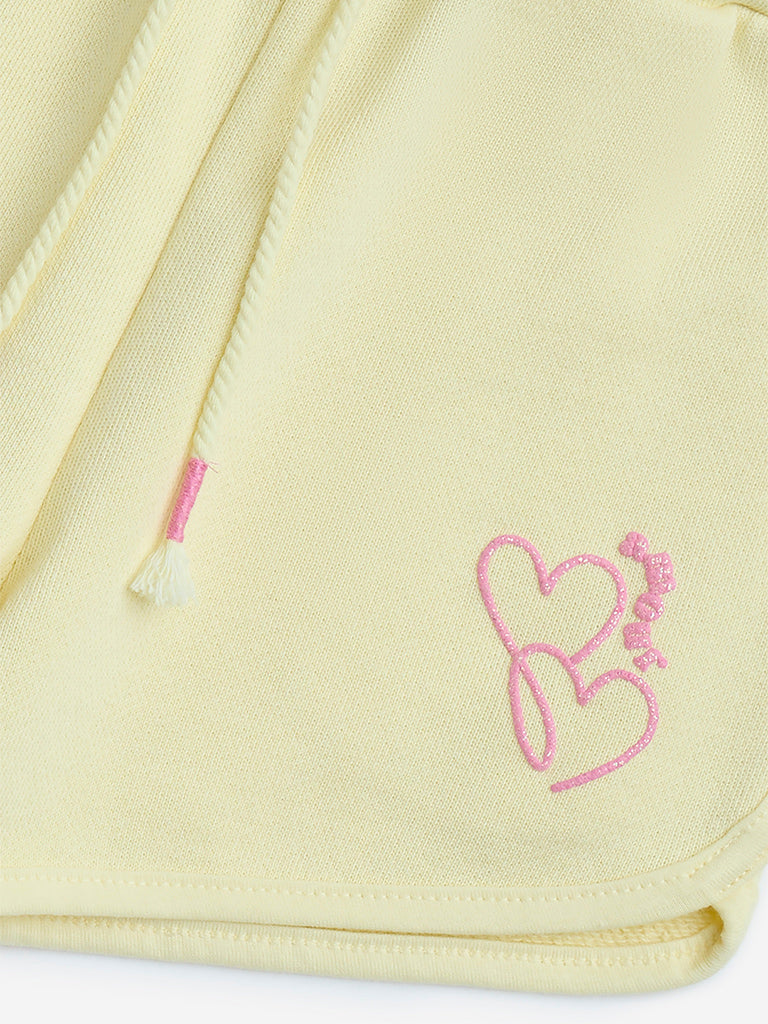 HOP Kids Yellow Heart Printed Mid-Rise Cotton Shorts