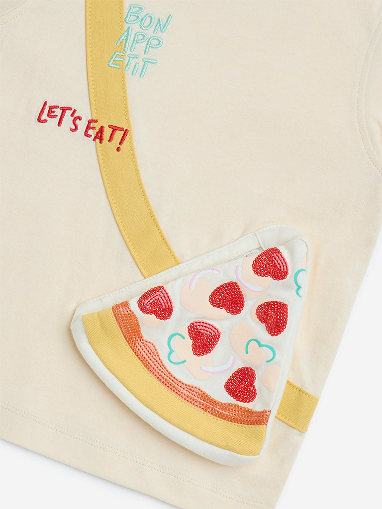 HOP Kids Beige Sequin Embellished Cotton T-Shirt