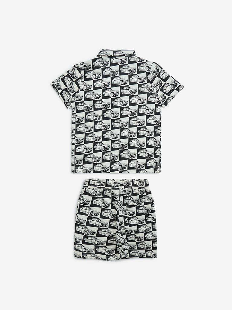 HOP Kids Black Car Printed Cotton Shirt and Shorts Set