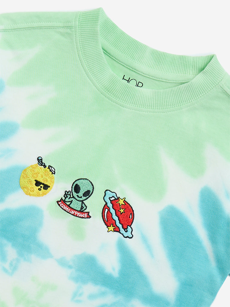 HOP Kids Green Tie-Dye Printed Cotton T-Shirt
