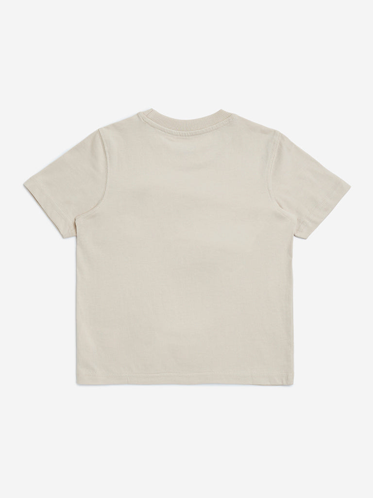 HOP Kids Beige Car Printed Cotton T-Shirt