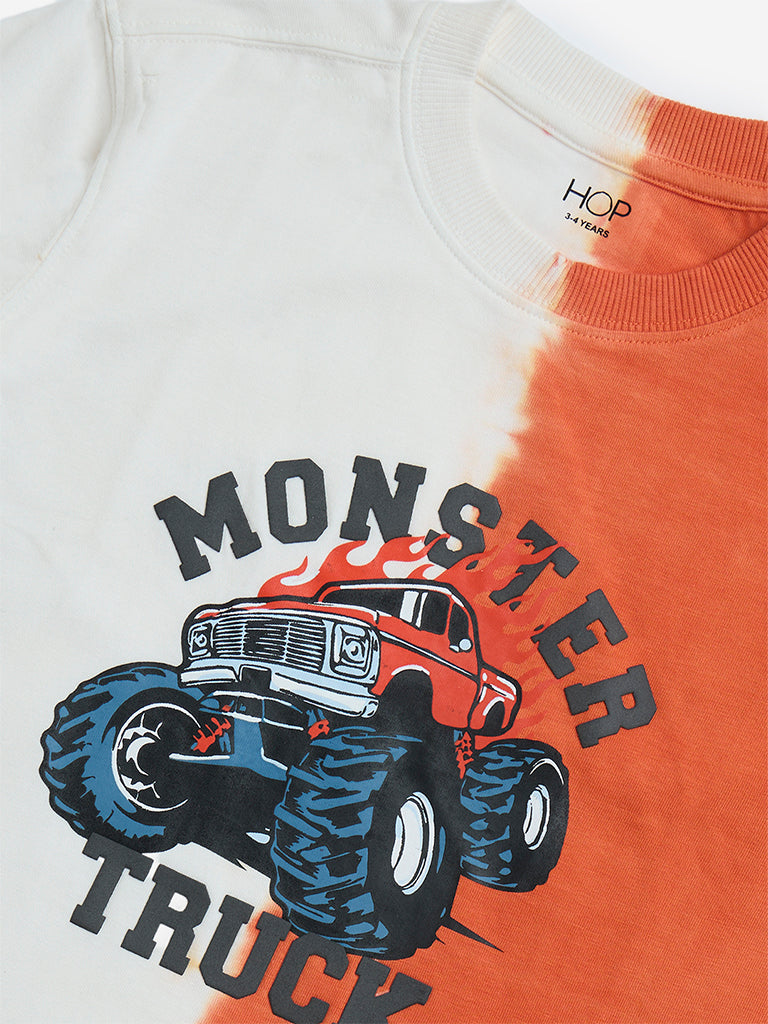 HOP Kids Orange Printed Cotton T-Shirt