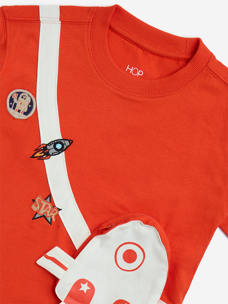 HOP Kids Orange Pouch-Detailed Cotton T-Shirt
