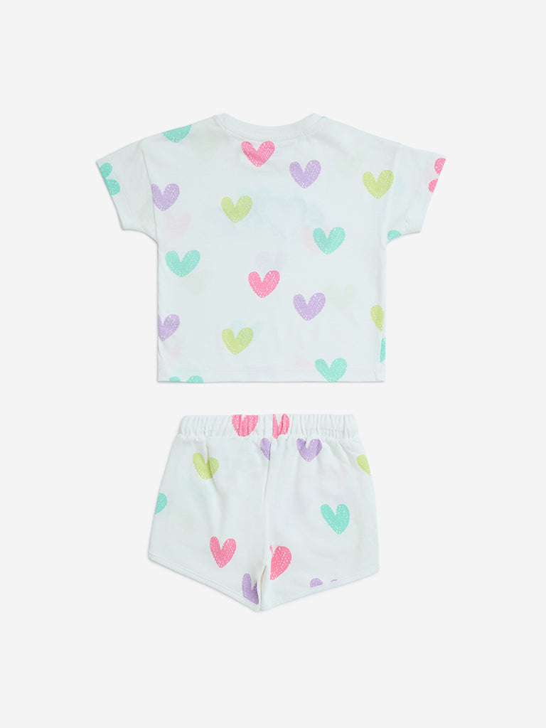 HOP Kids Off-White Hearts Design Cotton T-Shirt and Shorts Set