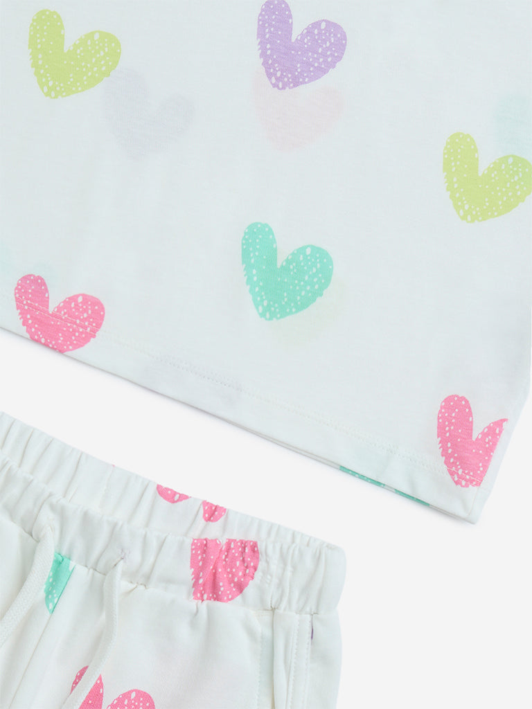 HOP Kids Off-White Hearts Design Cotton T-Shirt and Shorts Set
