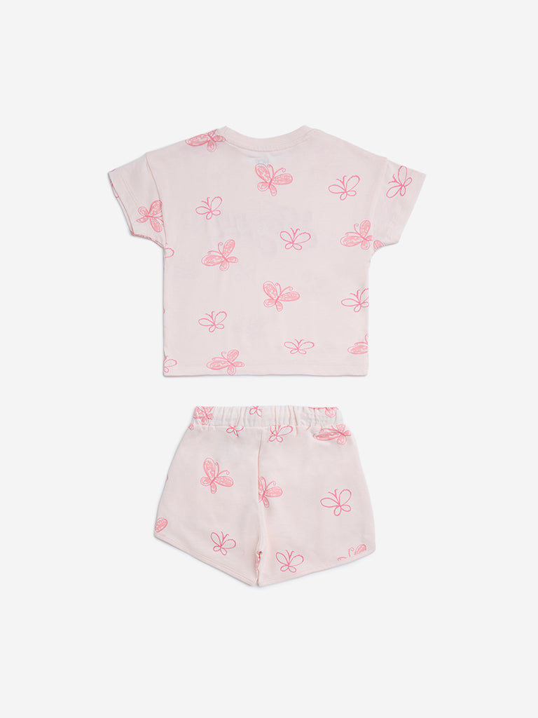 HOP Kids Pink Butterfly Print Cotton T-Shirt and Shorts Set