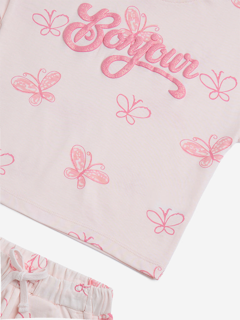 HOP Kids Pink Butterfly Print Cotton T-Shirt and Shorts Set