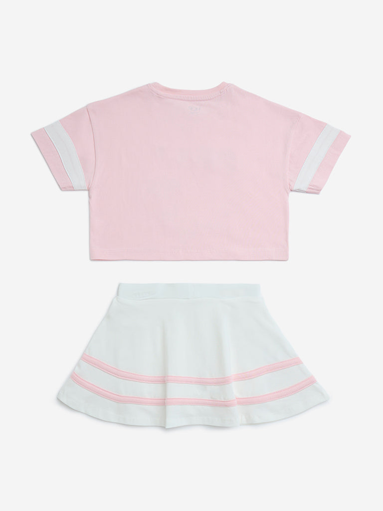 HOP Kids Light Pink Printed Cotton T-Shirt and Skirt Set