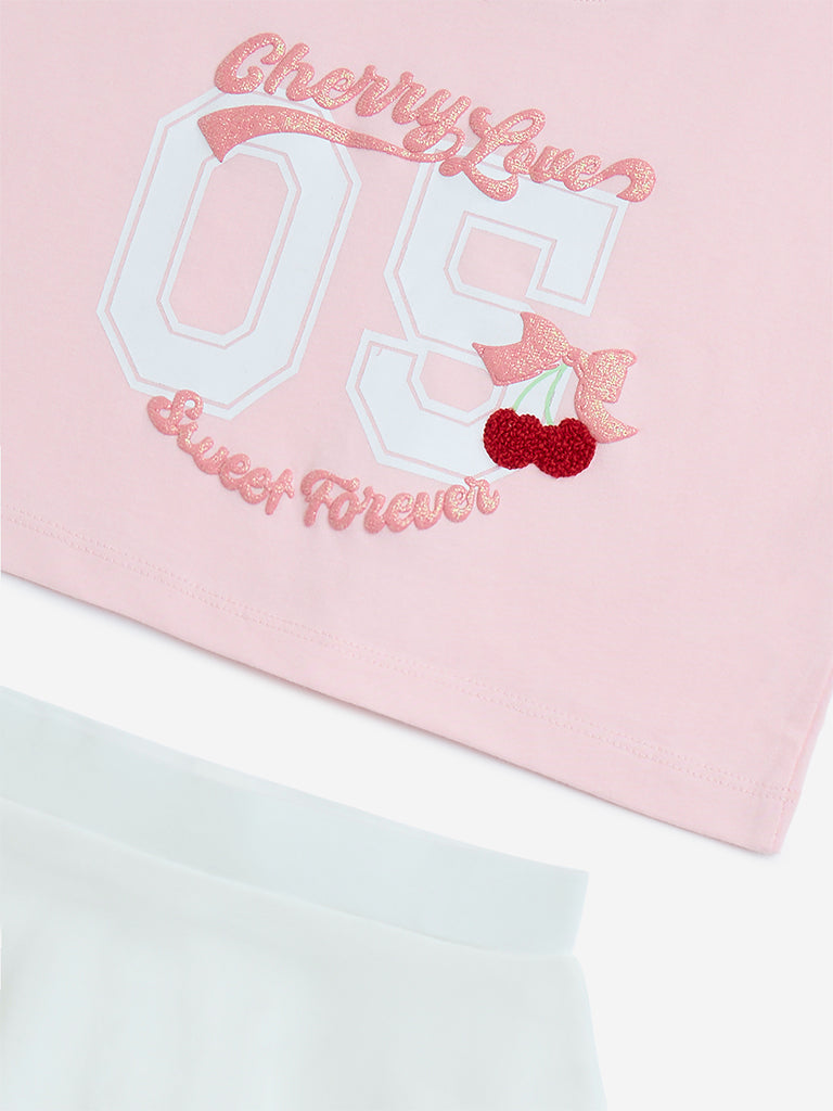 HOP Kids Light Pink Printed Cotton T-Shirt and Skirt Set