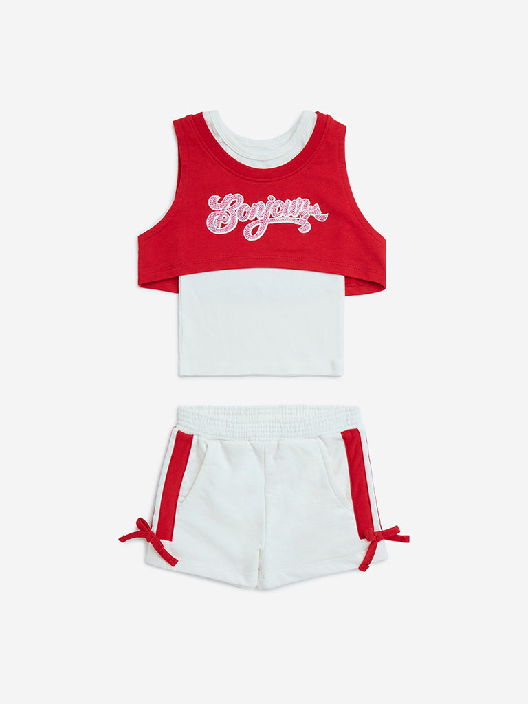 HOP Kids Red Text Design Cotton Top, Camisole and Shorts Set