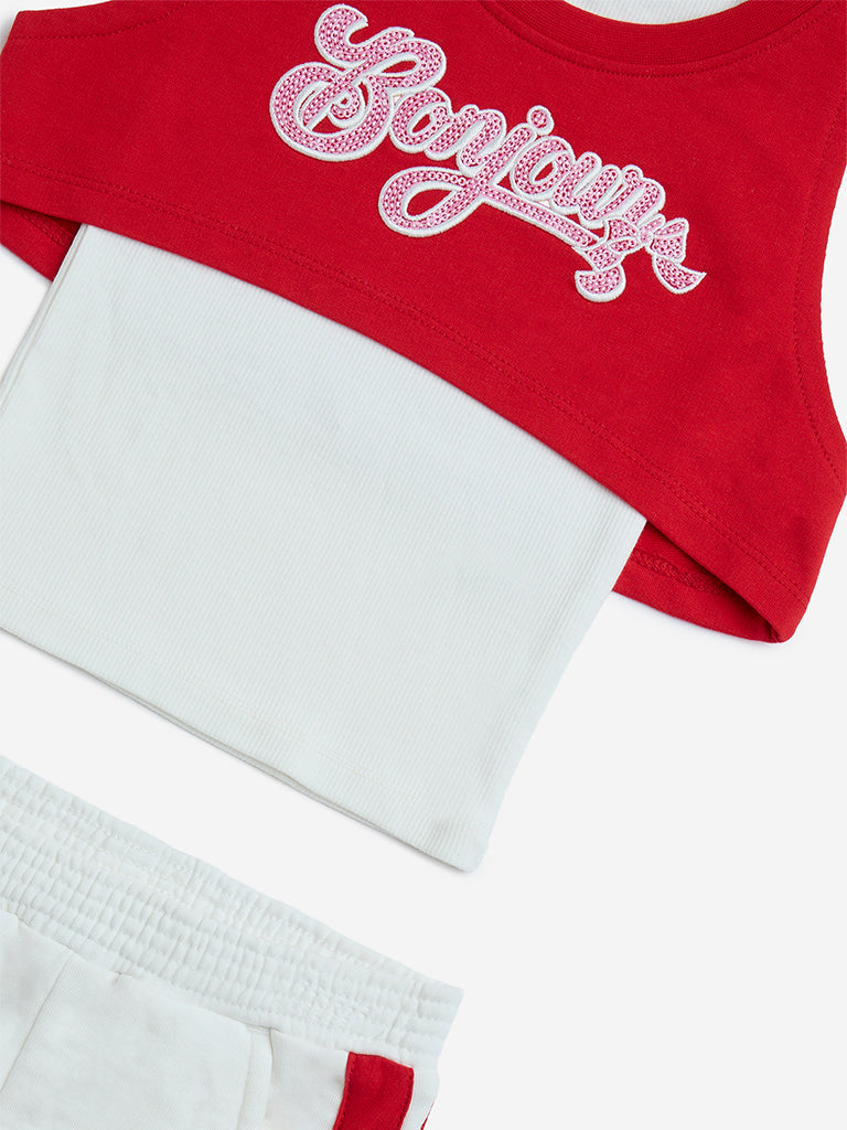 HOP Kids Red Text Design Cotton Top, Camisole and Shorts Set