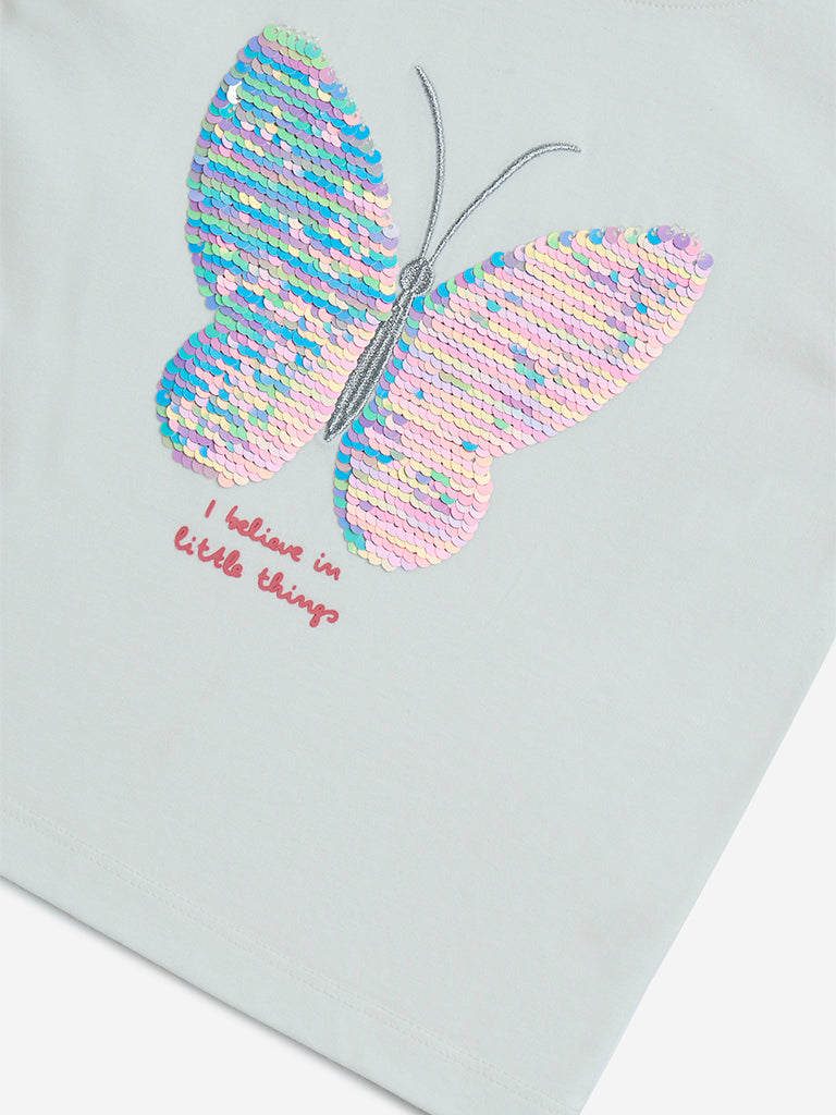 HOP Kids White Butterfly Sequin Detailed Cotton Top