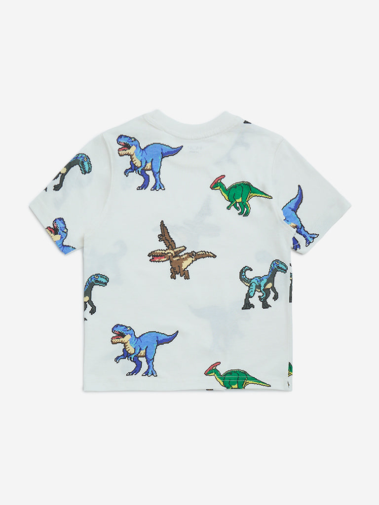 HOP Kids White Dinosaur Printed Cotton T-Shirt
