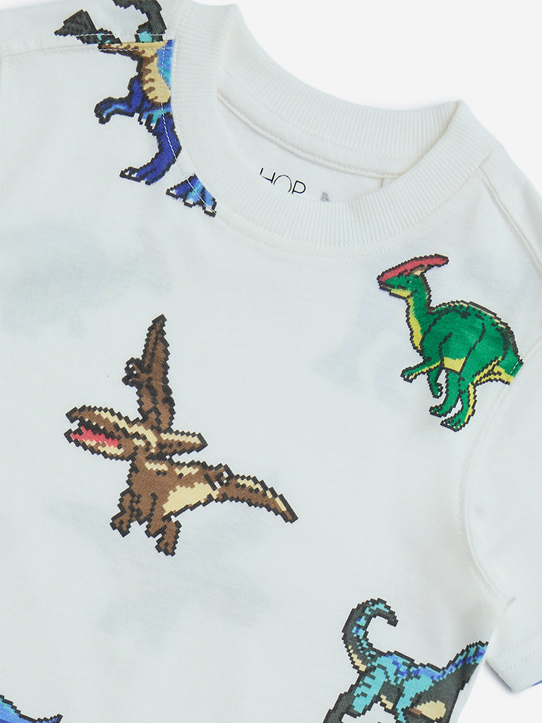 HOP Kids White Dinosaur Printed Cotton T-Shirt