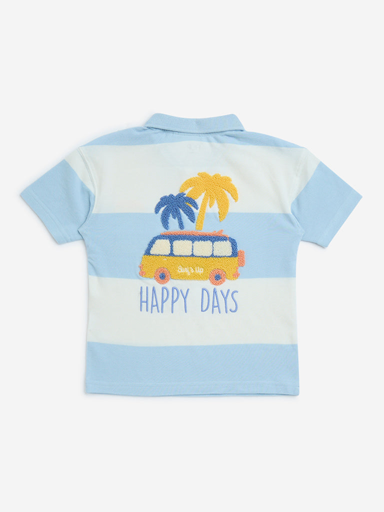 HOP Kids Light Blue Striped Cotton Polo T-Shirt