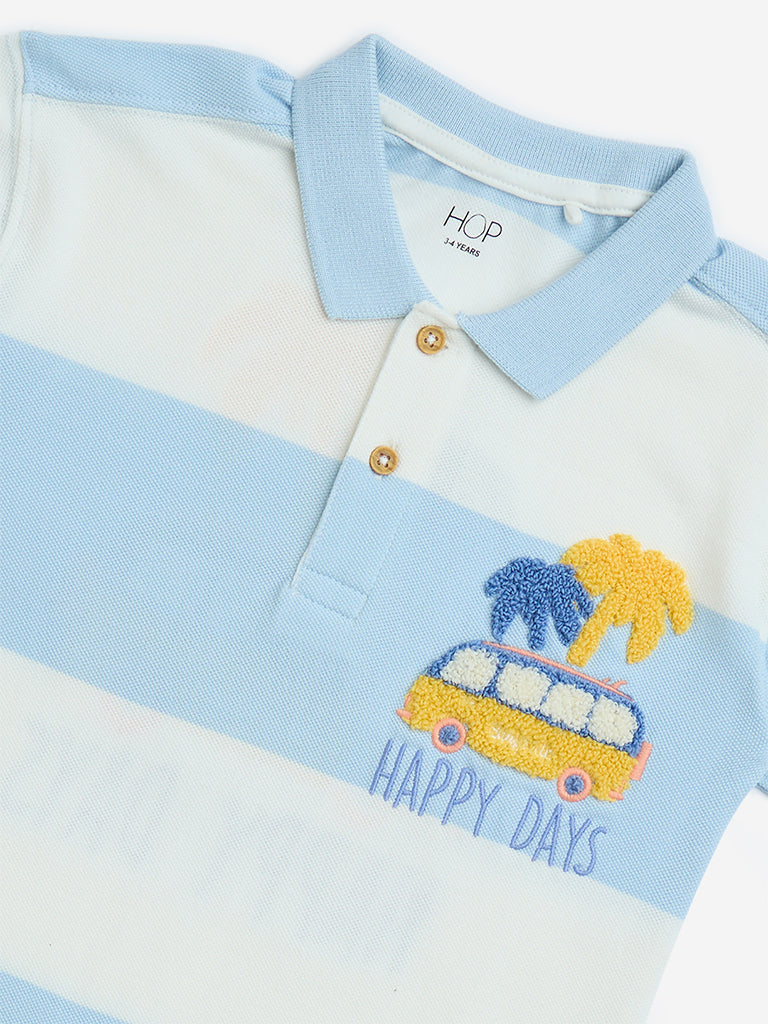 HOP Kids Light Blue Striped Cotton Polo T-Shirt