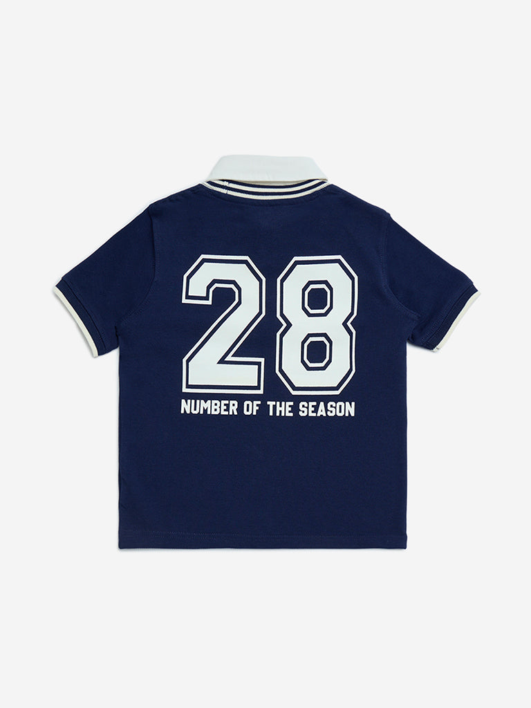 HOP Kids Navy Text Design Cotton Polo T-Shirt