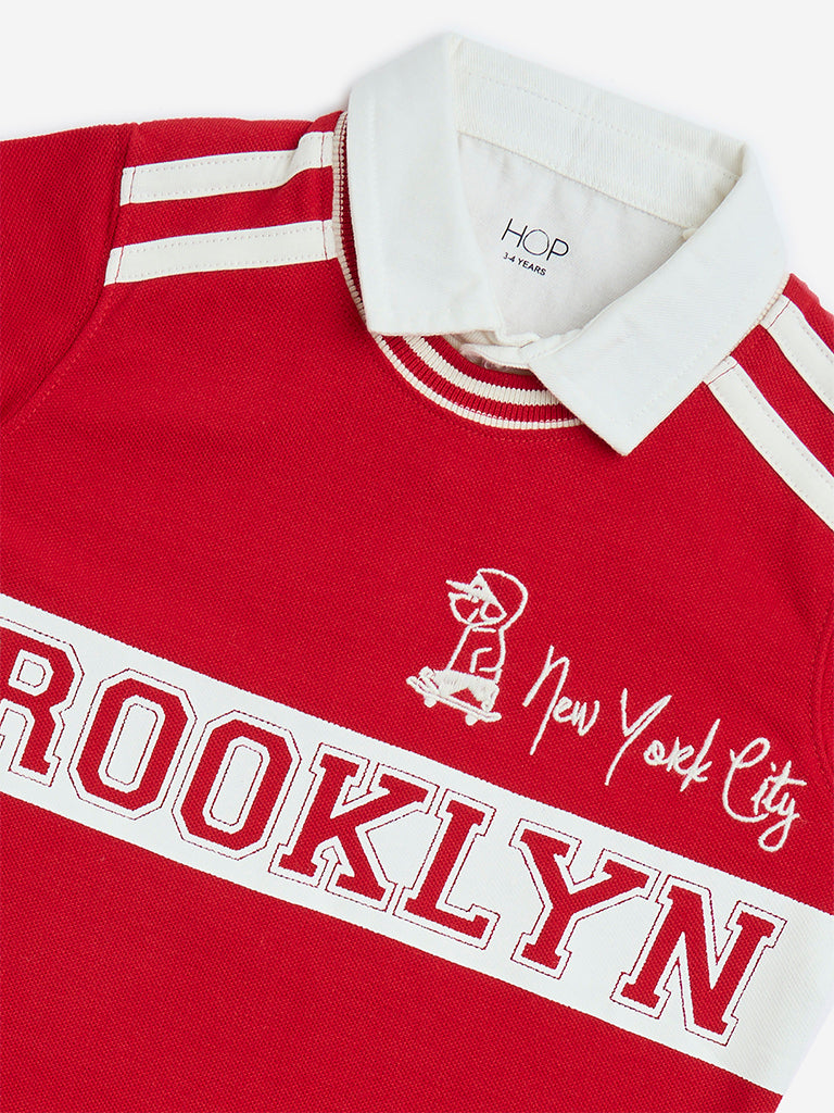HOP Kids Red Text Design Cotton Polo T-Shirt