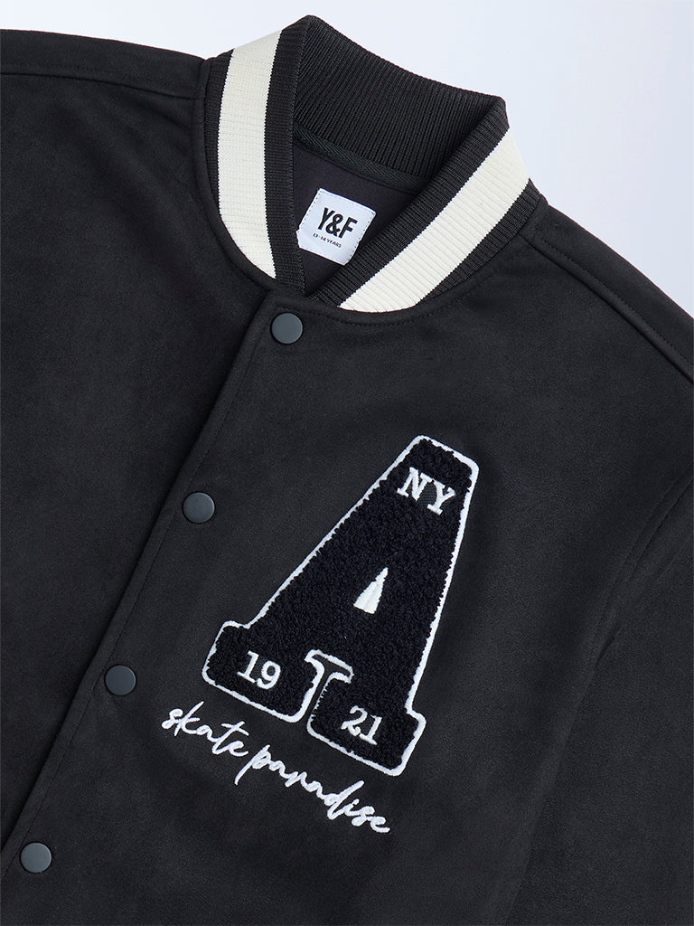 Y&F Kids Black Text Detail Suede Varsity Jacket