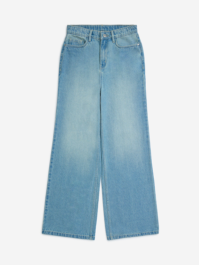 Y&F Kids Blue Faded Wide-Leg High-Rise Jeans