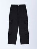Y&F Kids Black Solid Mid-Rise Cotton Trousers