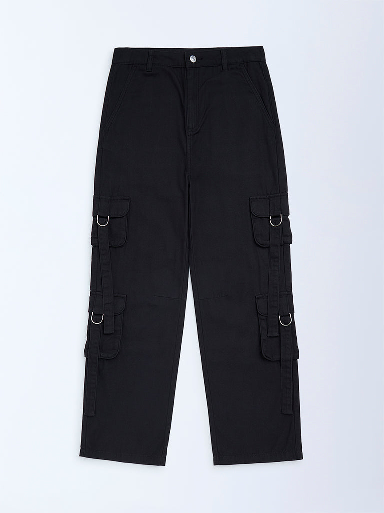 Y&F Kids Black Solid Mid-Rise Cotton Trousers