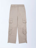 Y&F Kids Beige Cargo-Style High-Rise Cotton Trousers