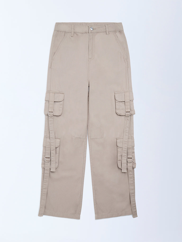 Y&F Kids Beige Cargo-Style High-Rise Cotton Trousers