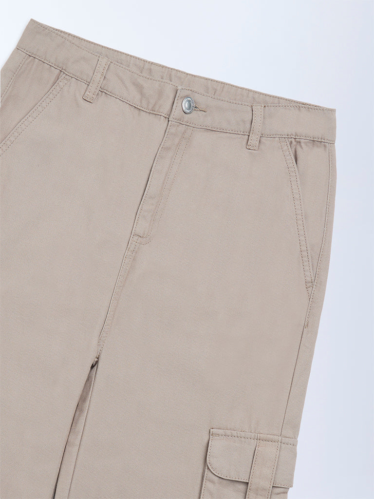 Y&F Kids Beige Cargo-Style High-Rise Cotton Trousers