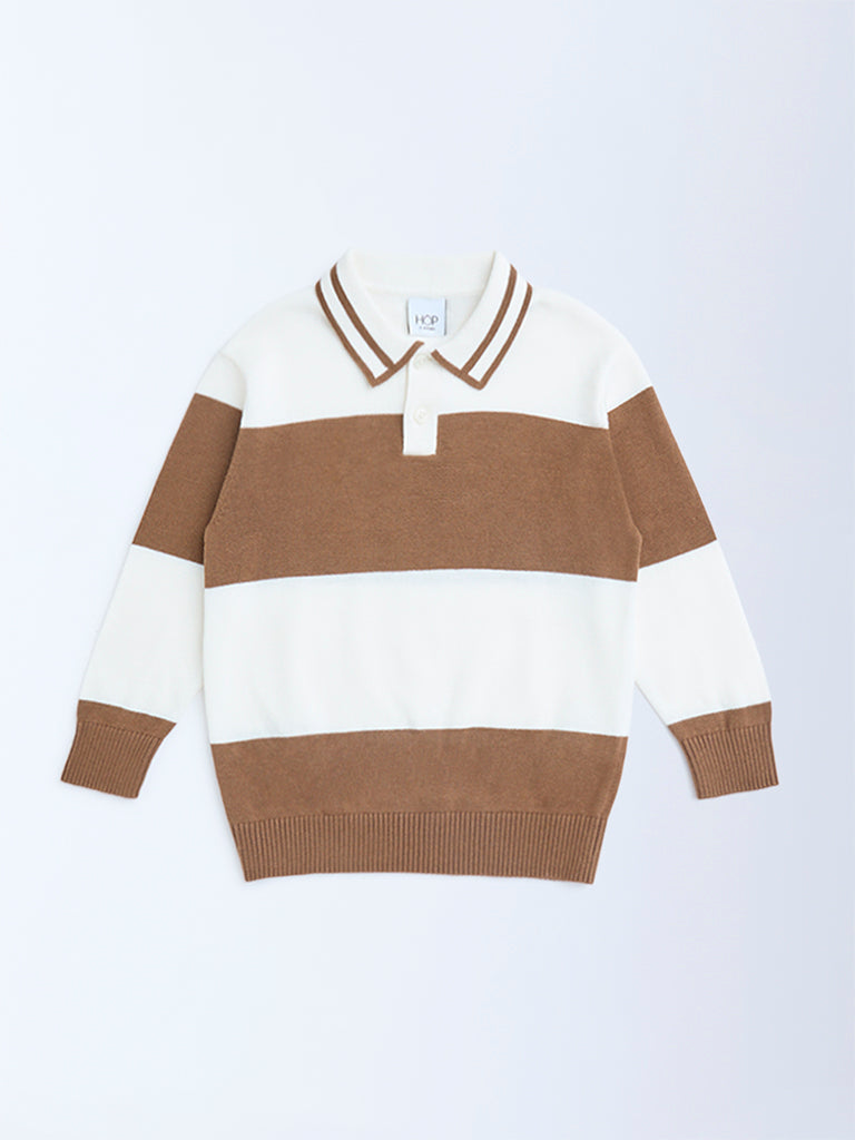 HOP Kids Brown Colour-Blocked Cotton Polo Sweater