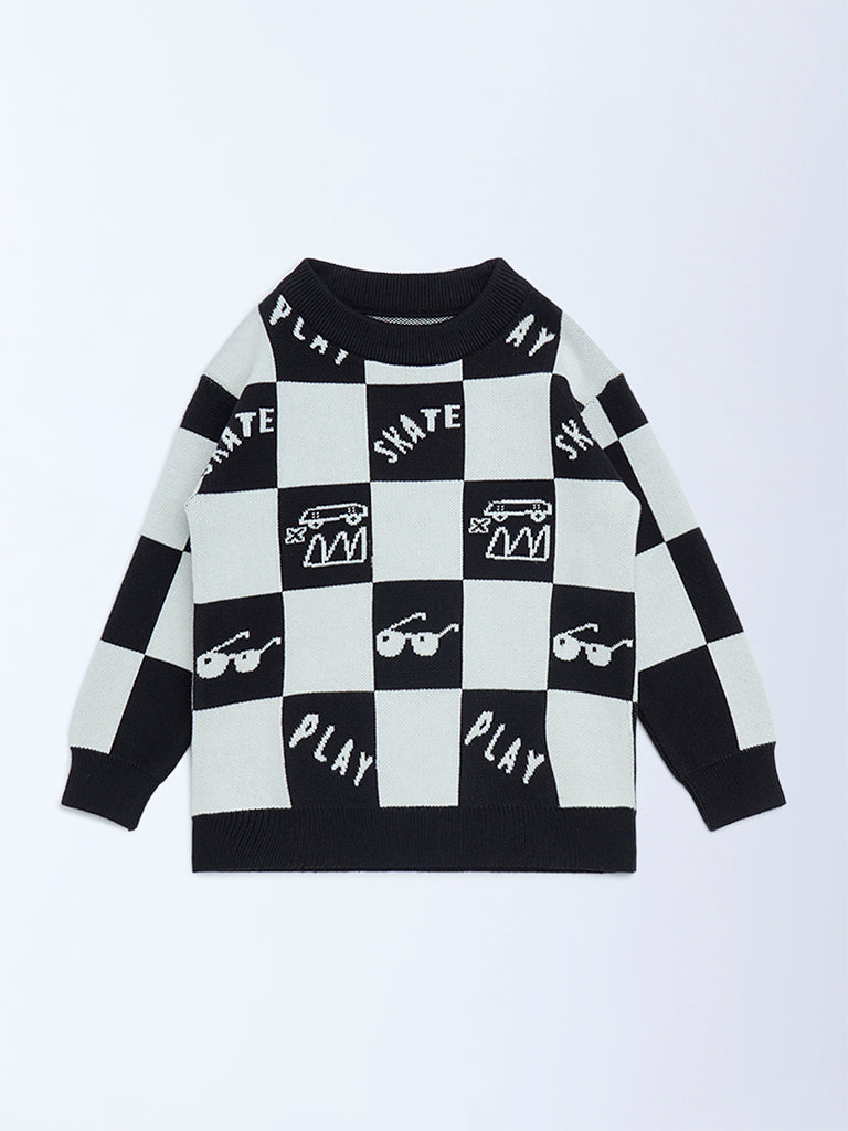 HOP Kids Black and White Knit-Textured Cotton Sweater