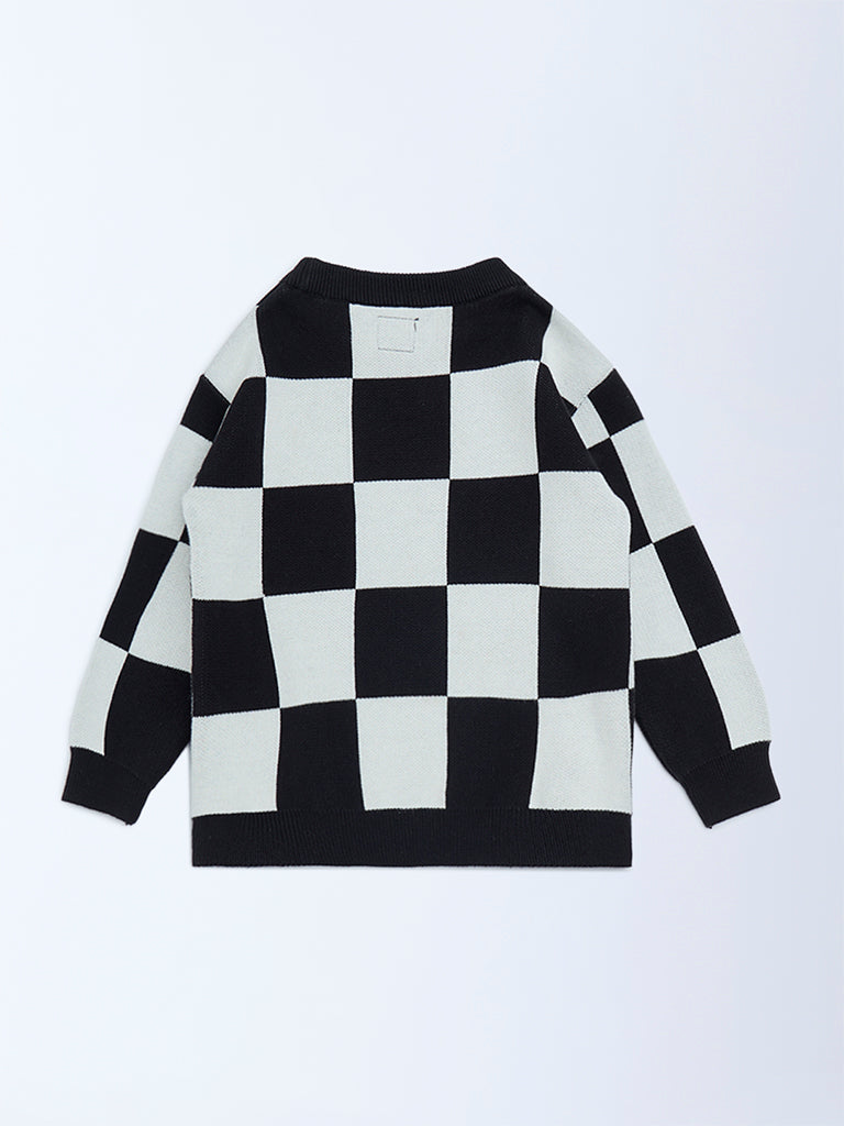 HOP Kids Black and White Knit-Textured Cotton Sweater