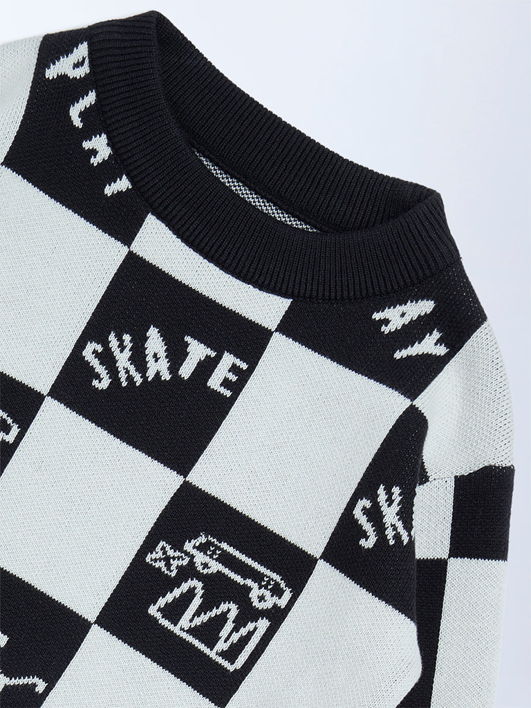 HOP Kids Black and White Knit-Textured Cotton Sweater