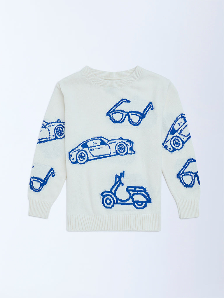 HOP Kids Off-White Printed Cotton Sweater