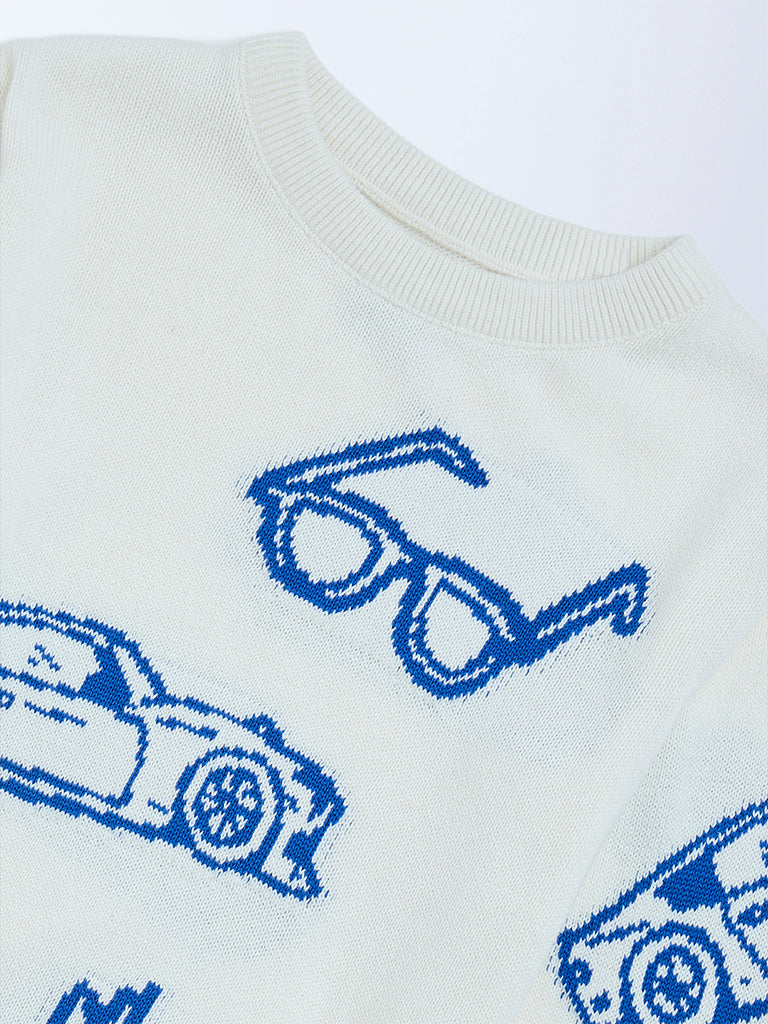 HOP Kids Off-White Printed Cotton Sweater