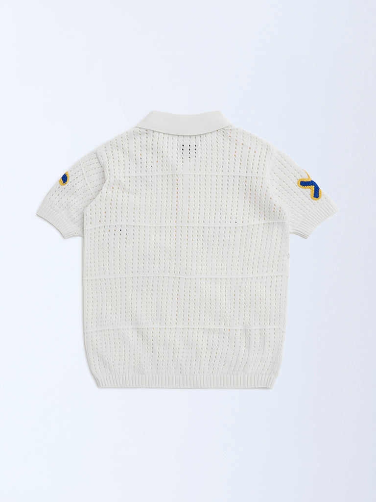 HOP Kids Off-White Crochet Detailed Cotton Shirt
