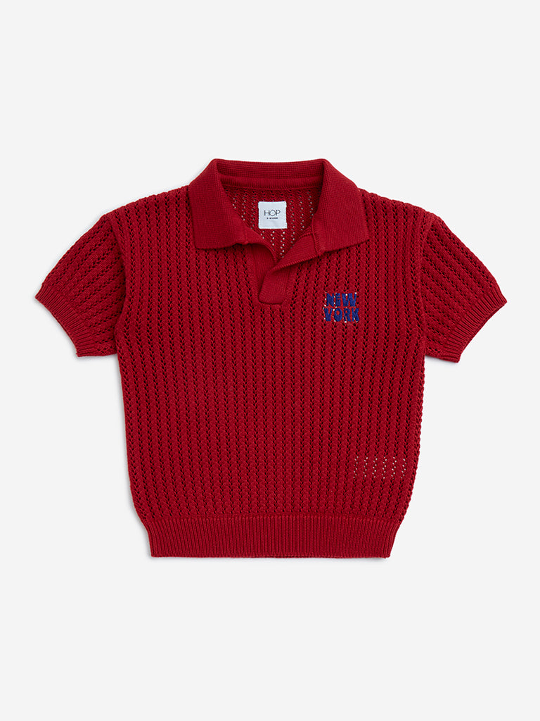 HOP Kids Red Knit-Textured Cotton T-Shirt