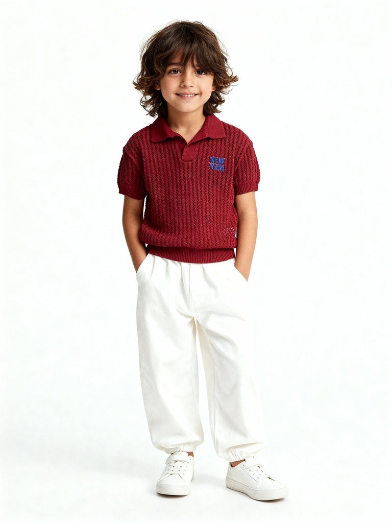 HOP Kids Red Knit-Textured Cotton T-Shirt